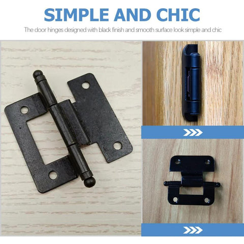 10-piece black cabinet hinges for residential doors; hardware with mounting plates, shown disassembled and installed