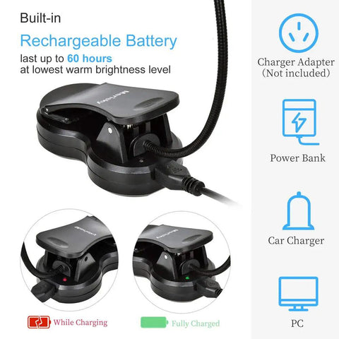 Rechargeable Clip On Book Light For Reading In Bed With 3 Color Modes And 9 Brightness Levels Eye Care LED Lamp shown charging