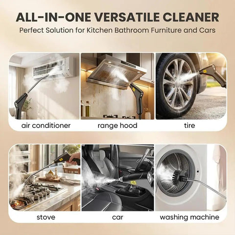 Heavy Duty Handheld Steam Cleaner With A Massive 2500W Output For Fast Heating Up To 105C cleaning various surfaces in kitchen and car.