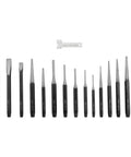 16 Piece Punch And Chisel Set With Pin Punches And Center Punches For Metalwork, Auto Repair And DIY Projects arrayed on white background