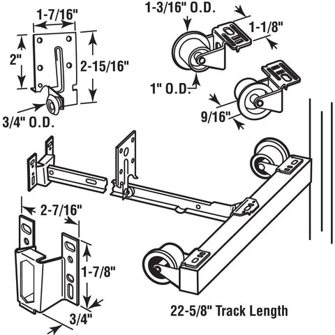 22-5/8 Inch Mono-Rail Drawer Slide Kit in Galvanized Steel, Heavy-Duty Replacement Tracks for Cabinets, Universal Tri-Roller System, 20 Lb Load, Go-To Single Pack, Easy Install and Smooth Glide, dimensioned installation diagram