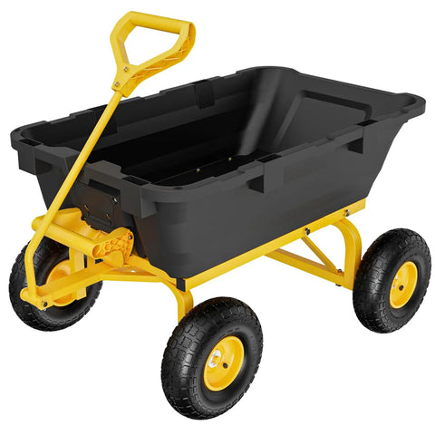 Heavy Duty Dump Cart Wagon With Quick Release Dump 800 Pound Capacity 4 Wheel 10 Inch All Terrain Pneumatic Tires Poly Wheelbarrow