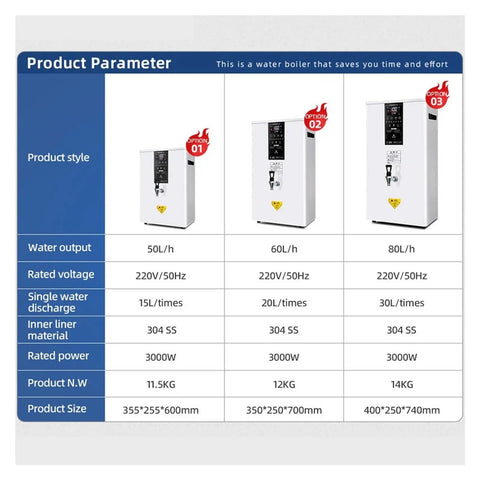 Straight Up Instant Hot Water Dispenser Tankless Electric Heater With Digital Display showing product specifications and sizes.
