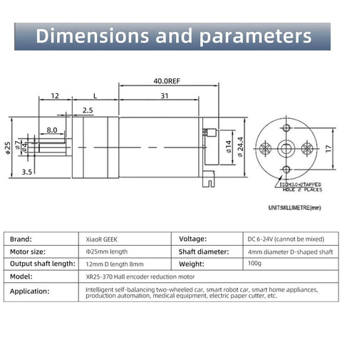 Technical diagram of Pair Of 12V DC Gear Motors With Encoder, 100 RPM, 1:45 Gear Ratio, D Shaft, Metal Housing, Silver Finish specifications