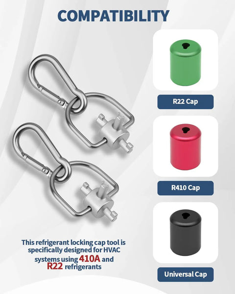 Must Have Two Pack HVAC Locking Cap Key Kit 3 In 1 Valve Core Remover Tool for R410A R22 with cap compatibility chart