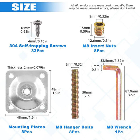 Rock Solid Silver Furniture Leg Mounting Plates Kit Includes 50mm Hanger Bolts M8 Insert Nuts And Screws For Sofa Couch Upgrade size details