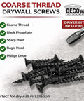 Contractor Grade Size 6 X 1-5/8 Drywall Screws 500 Pack Coarse Thread Wood Stud Fasteners in black phosphate with included driver bit.
