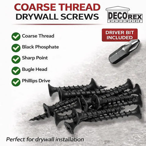 Contractor Grade Size 6 X 1-5/8 Drywall Screws 500 Pack Coarse Thread Wood Stud Fasteners in black phosphate with included driver bit.