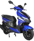 Hot Blue X-Pro Solara 150cc Moped Scooter For Adults With Automatic Gear, Twist And Go Gas Engine, Led Lights, Kick Start, Aluminum Rims side view with black seat and alloy wheels.