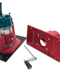 Beefed Up Router Lift System For Woodworking, Easy Lift Base Kit With Tenoning Slotting Chamfering Capabilities, shown with tools and mold.