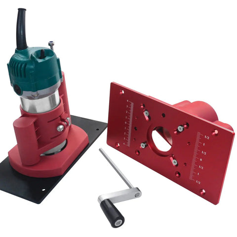 Beefed Up Router Lift System For Woodworking, Easy Lift Base Kit With Tenoning Slotting Chamfering Capabilities, shown with tools and mold.