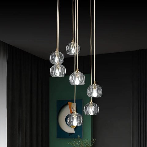 Sleek Modern Crystal Pendant Light With Seven LED Crystals, Adjustable Brass Plating Frame, K9 Crystal Ball Chandeliers in room