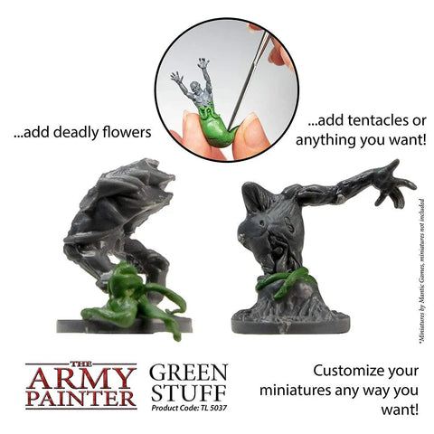 Green Stuff 2 Part Modeling Clay for Miniatures in use, sculpting details on miniature models with epoxy clay and tools.