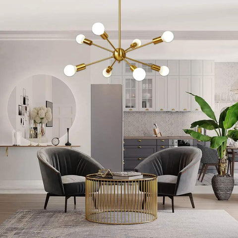 8 Light Sputnik Chandelier In Brushed Brass Pendant Lighting For Mid Century Modern Gold Starburst Ceiling Fixture With Swivel Canopy And Dimmable Option For Dining Room Kitchen Foyer Bedroom over modern dining area.