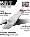 Pro Grade Dipped Plier Kit With Diagonal Cutting Needle Nose Side Cutting High Leverage Linesman Pliers Cutter And Crimper Five Piece Made In USA For Electricians And DIY Pros showing close-up of beveled jaws and forged steel.