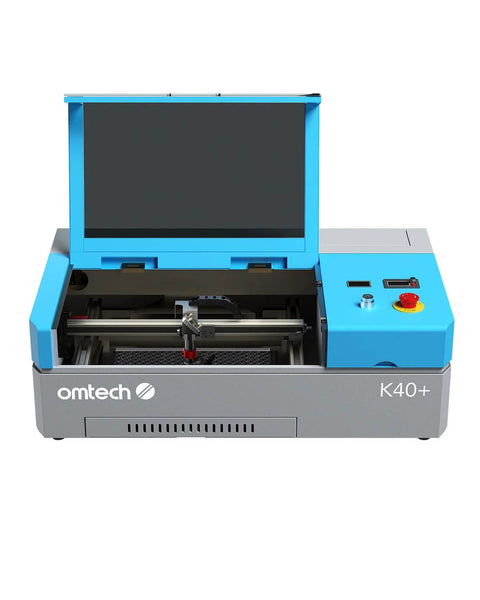 OMTech K40+ 45W CO2 laser engraver, desktop 12x8 in, blue-gray housing with open lid and control panel.