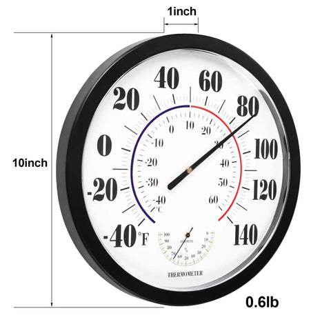 10 Inch Indoor Outdoor Thermometer With Large Readout No Battery Needed Calibrates Automatically In About 3 Hours Built In Temperature And Humidity Sensor For Home Garden Patio And Outdoor Decor Black, front view