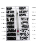 Top Tier Mini Screw Assortment Kit With 18 Assorted Sizes High Hardness Carbon Steel Black Fasteners organized in clear box.