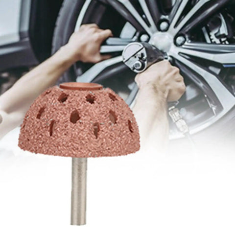 Two Pack Tire Buffer Wheel Set with tungsten alloy bowl type grinding heads and 6mm shank, shown during tire repair.