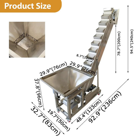 Dinenovate Heavy Duty Z Type Bucket Elevator 6.5ft Lifting Height Stainless Steel Conveyor with dimensions displayed for factory use.