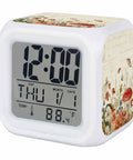 Legit Silent Mushroom Print Cube Led Clock with Major Vintage Vibes, showing time, date, and temperature on a crisp display.