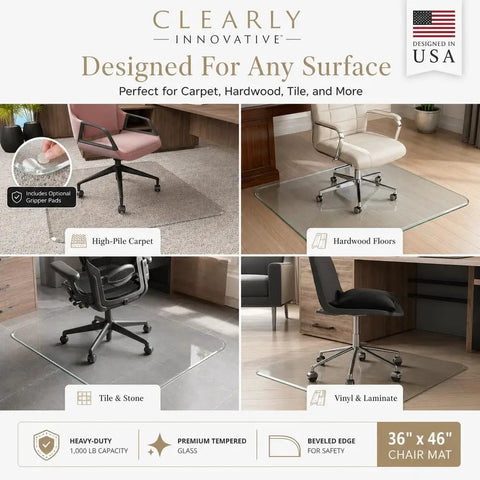 Four images showcasing Tempered Glass Chair Mat For Carpet And Hardwood Floors 36x46 with beveled edge in various room settings.