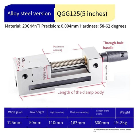 Knockout Performance Manual Precision Flat Pliers And Right Angle Milling Vice Quenched Alloy Steel shown with dimensions and features.