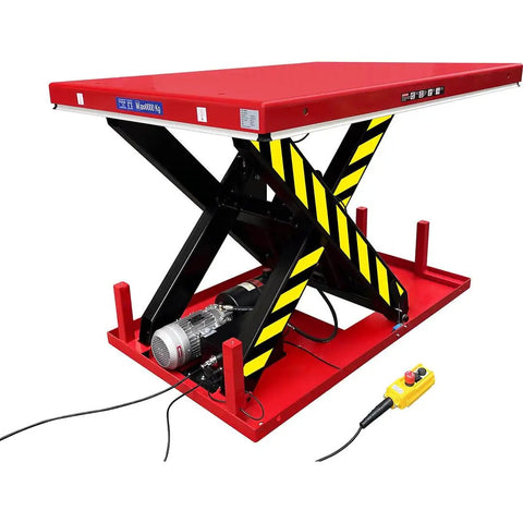 Heavy Duty Electric Hydraulic Scissor Lift Table With Beefy Steel Build And Massive 13200 Lb Capacity For The Garage Or Warehouse Easy Foot Pedal Lift, showing the red lift with safety stripes and controller.