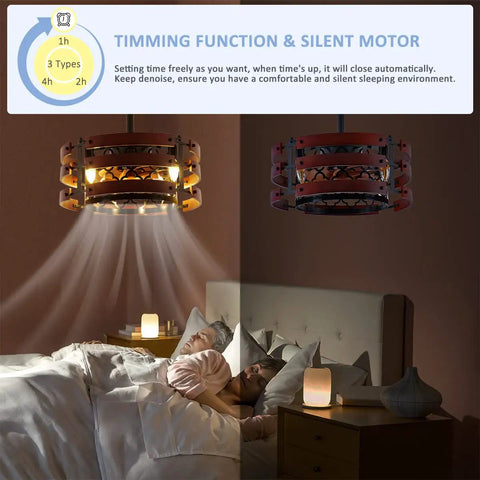 20 Inch Caged Ceiling Fan With Light And Remote in bedroom showing black rustic flush mount, enclosed fan with timing function and silent motor.