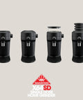 Game Changing Single Dose Coffee Grinder With 64 Millimeter Flat Burrs Stepless Adjustment Heavy Duty Zero Retention Build For Killer Espresso At Home Quiet Compact Design In Crisp White Finish displayed in four angles.