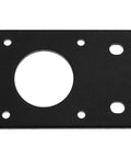 Black motor mount plate for Nema 17 stepper motor with a large central opening and several mounting holes