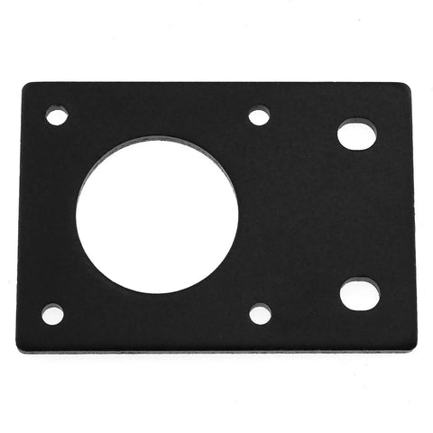Black motor mount plate for Nema 17 stepper motor with a large central opening and several mounting holes