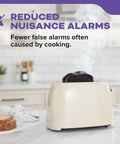 Burnt toast in toaster with smoke in kitchen highlighting reduced nuisance alarms from cooking.