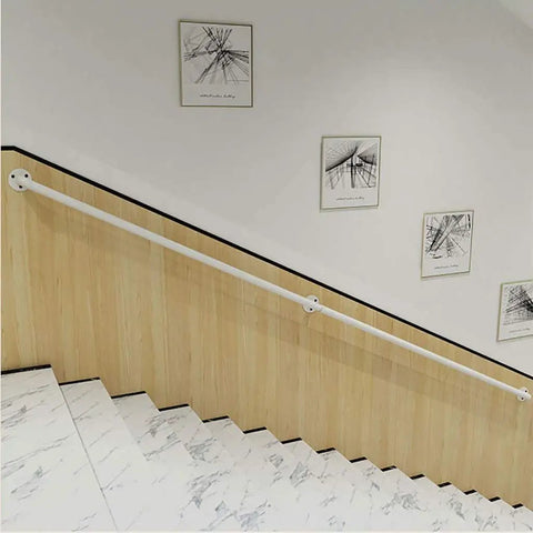 Adjustable Wrought Iron Handrail For Stairs White Galvanized Banister With Rust Resistant Finish mounted on a wooden staircase.