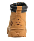 Back view of waterproof steel toe work boots for men 6 inch leather construction boots with non slip outsole wheat color size US 10.5.
