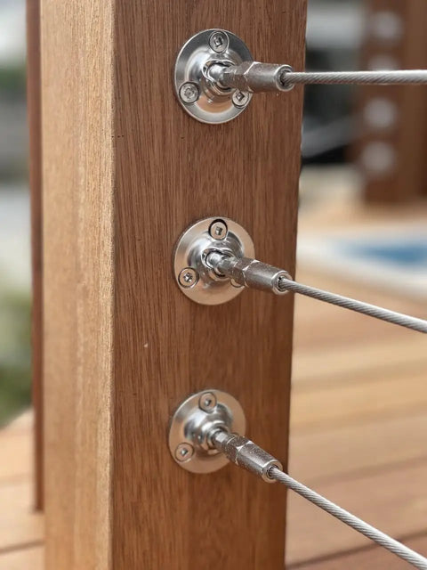 Swivel End Fittings For Cable Railings Five Thirty Second Inch 316L Marine Grade Stainless Steel Ten Pack installed on wood post