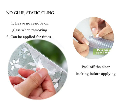 Close-up of applying Privacy Window Film With Quick Install Tools Floral 3D Frosted Glass Cling, showing static cling process.