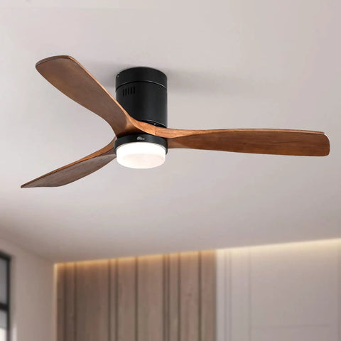 52 Inch Ceiling Fan With Lights 3 Solid Wood Fan Blade with integrated LED light and black motor, ceiling mounted
