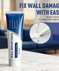 Upgraded Quick Drying Wall Mending Kit With Scraper All In One Patch Paste product image next to repaired wall section