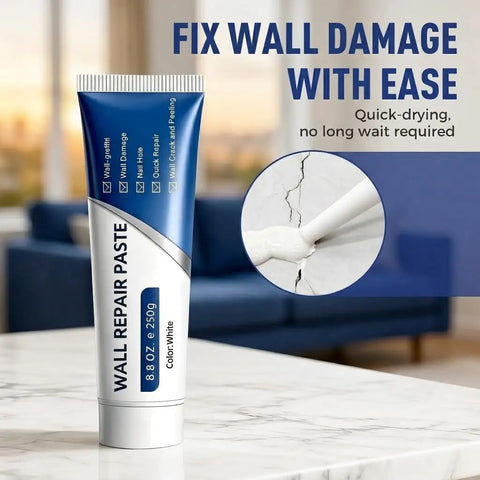 Upgraded Quick Drying Wall Mending Kit With Scraper All In One Patch Paste product image next to repaired wall section