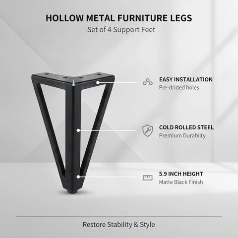 Replacement Feet for Sofas and Cabinets, 5.9 Inch Hollow Steel Furniture Legs in Matte Black, 4 Pack, easy installation details