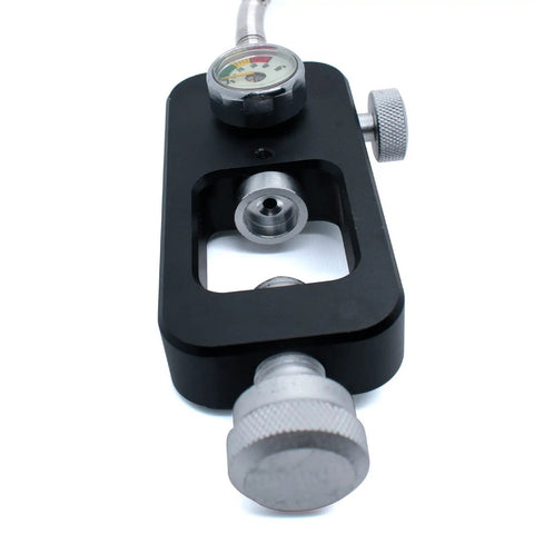 Close-up of High Pressure PCP Paintball HPA Tank Fill Station With DIN Valve Scuba Adapter 4500psi Quick Disconnect 8mm 0.5m Hose Quick Bleed Relief Valve Works With PCP Rifles And Scuba Tank Fill showing gauge and fittings.