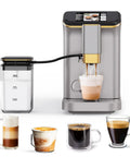 Automatic Espresso Coffee Machine With Milk Frother And 20 Bar Pressure Features 15 Grind Steps brewing coffee with mugs.