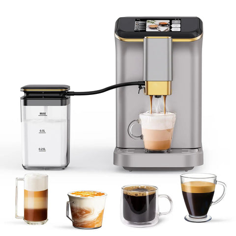 Automatic Espresso Coffee Machine With Milk Frother And 20 Bar Pressure Features 15 Grind Steps brewing coffee with mugs.