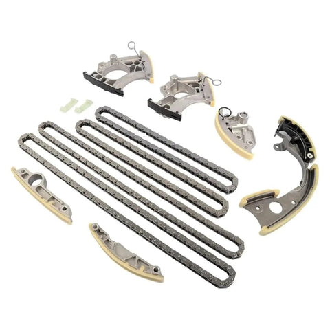 Heavy Duty Timing Chain Kit For Audi A4 A5 A6 Q5 Q7 And VW Touareg With 3.0 Or 2.7 Liter Engines Made From Tough Alloy That Holds Up Great Without Stretching Or Breaking To Save You Big Money On Repairs. Alloy timing chain kit with guides and tensioners, shown on white