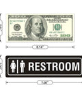 Unisex Restroom Sign 7 Inch By 2 Inch Metal With Self Adhesive Backing For Office Home Bathroom Wall Or Door Decor Easy Mounting UV Protected Black 2 Pack, shown with size comparison to $100 bill.