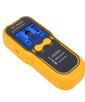 Luocute Stud Finder Wall Scanner with yellow ergonomic design, displaying detection settings on blue screen, ideal for walls, floors, ceilings.