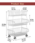 3-Tier Rolling Pantry Cart With Wheels For Kitchen Organization And Storage, wire shelving size diagram, white cart with dimensions.