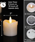 Flameless Votive Candles With Timer Real Wax 2 By 2 Battery Operated 6 Pack showing timer function and battery details