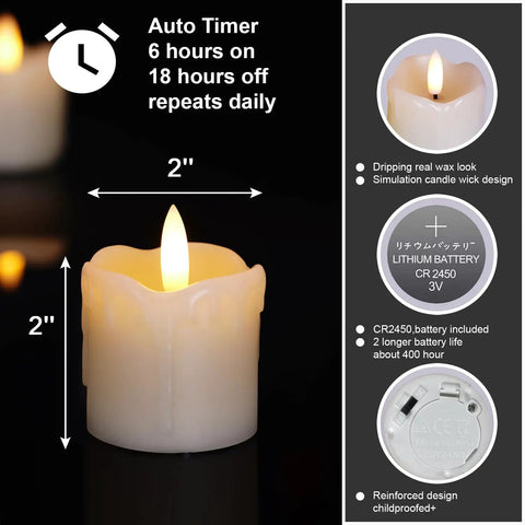 Flameless Votive Candles With Timer Real Wax 2 By 2 Battery Operated 6 Pack showing timer function and battery details